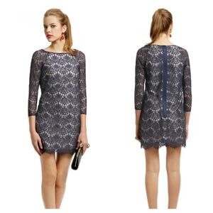Tibi Babbet Dress Lace Mini Shift 3/4 Sleeve Party Cocktail Navy Blue 4